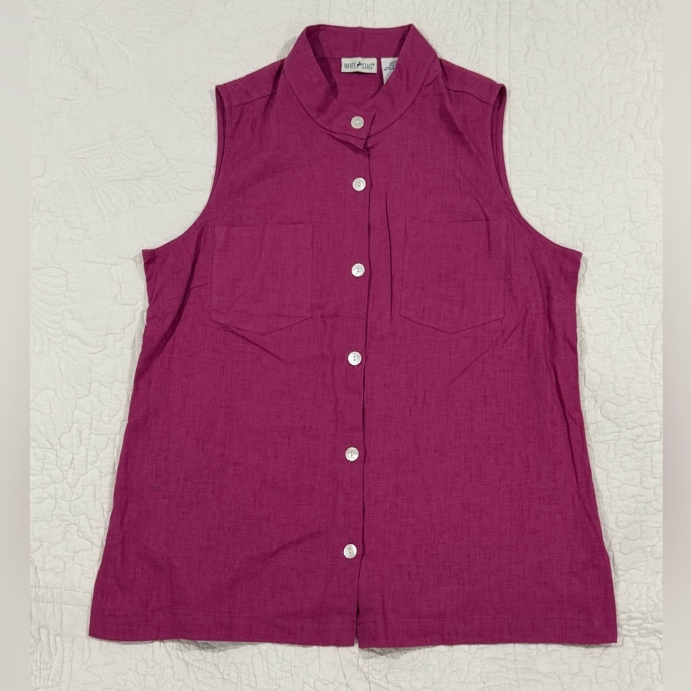White Stag Womens Sleeveless Button-Down Top in Fuchsia Size L Rayon/Linen